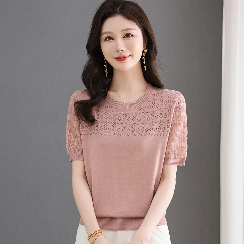 夏季镂空针织衫天丝短袖t恤女2025爆款气质显瘦时尚妈妈百搭上衣