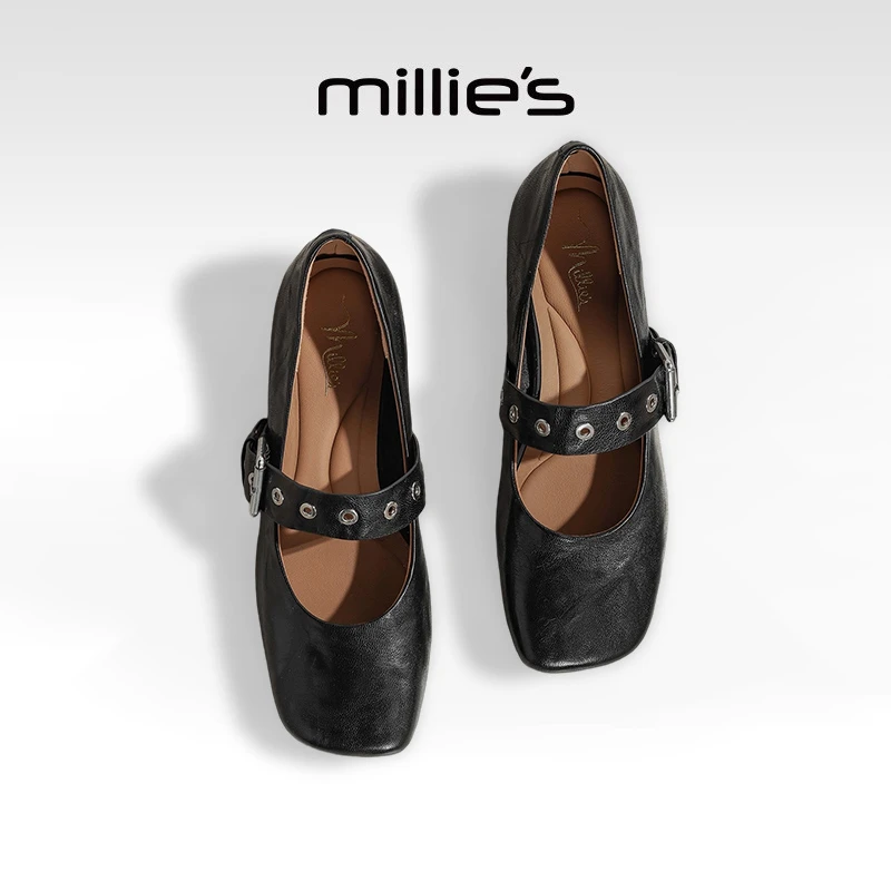 MILLIE'S/妙丽真皮复古玛丽珍鞋时尚浅口一字带芭蕾平底单鞋女夏
