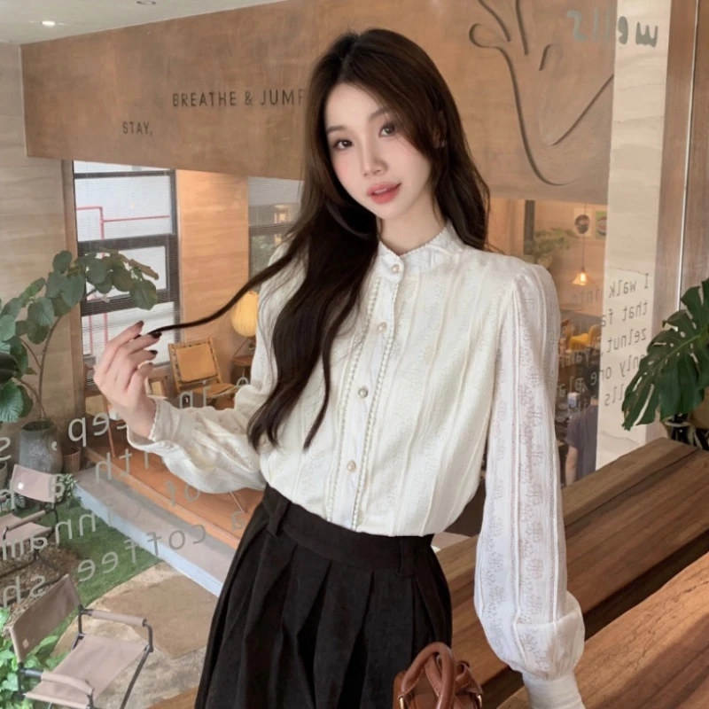 财阀千金花边立领加绒内衬蕾丝衬衫女设计感气质内搭打底小衫上衣