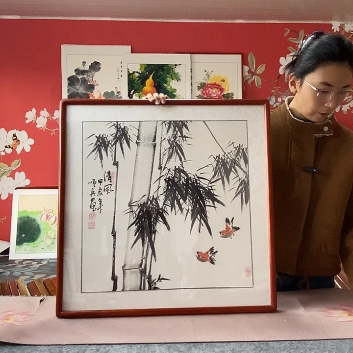 国画手写手绘带框包邮国画作品62✖️62