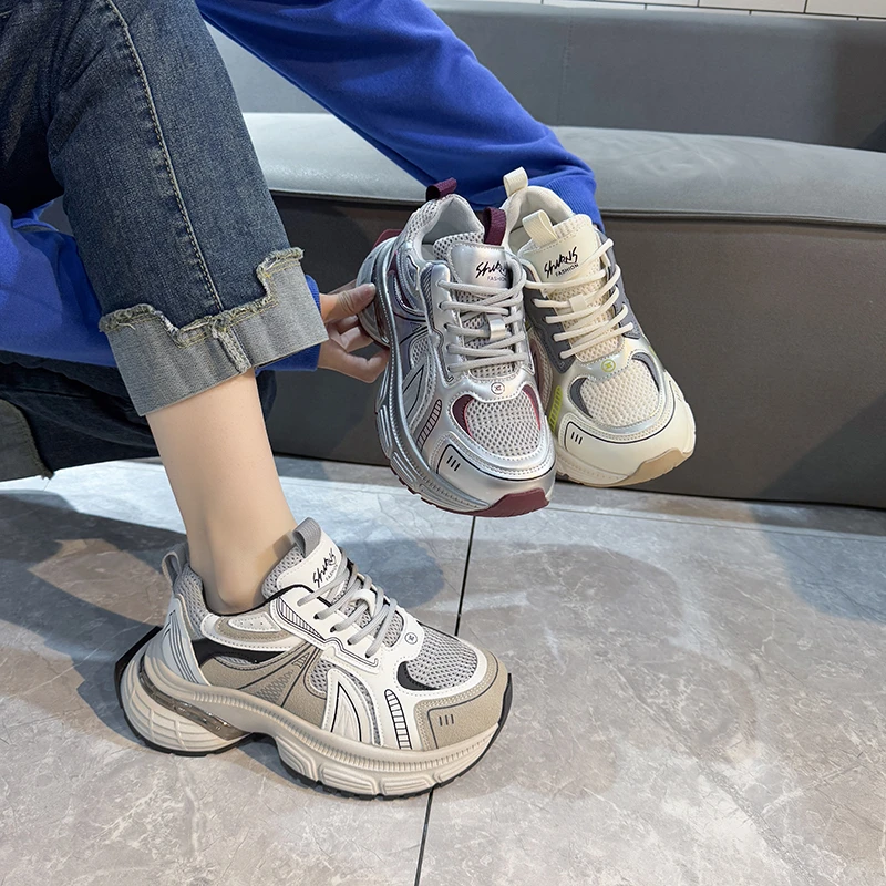 厚底增高小个子老爹鞋女2025春季新款网面透气百搭运动休闲鞋中跟