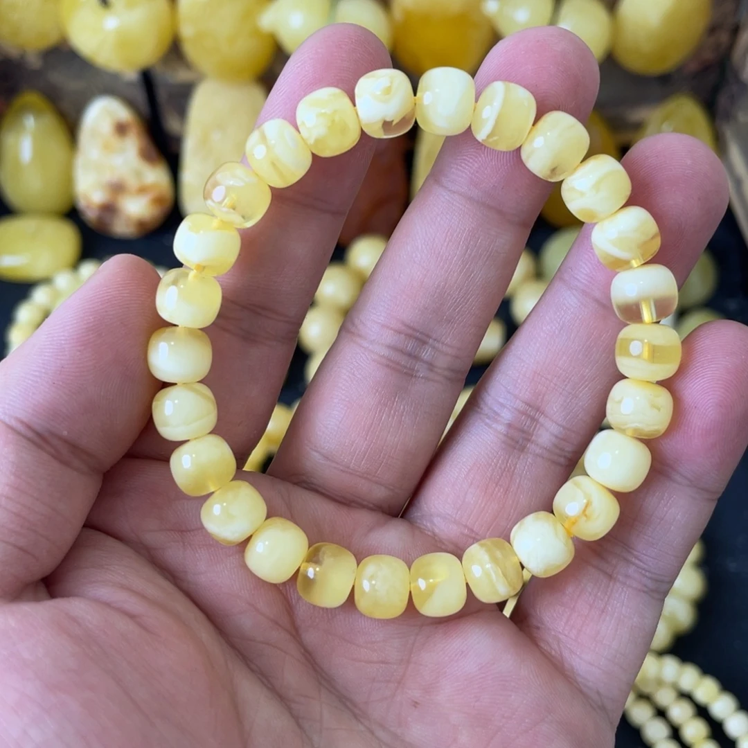 琥珀未镶嵌手串8+俄料妖白花精工老型手串