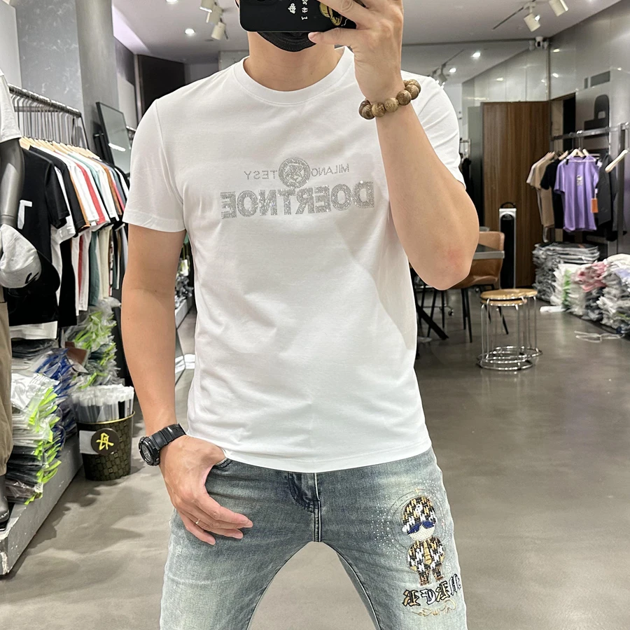 重磅凉感薄款短袖t恤男2026夏季新款潮修身男生字母烫钻体恤上衣