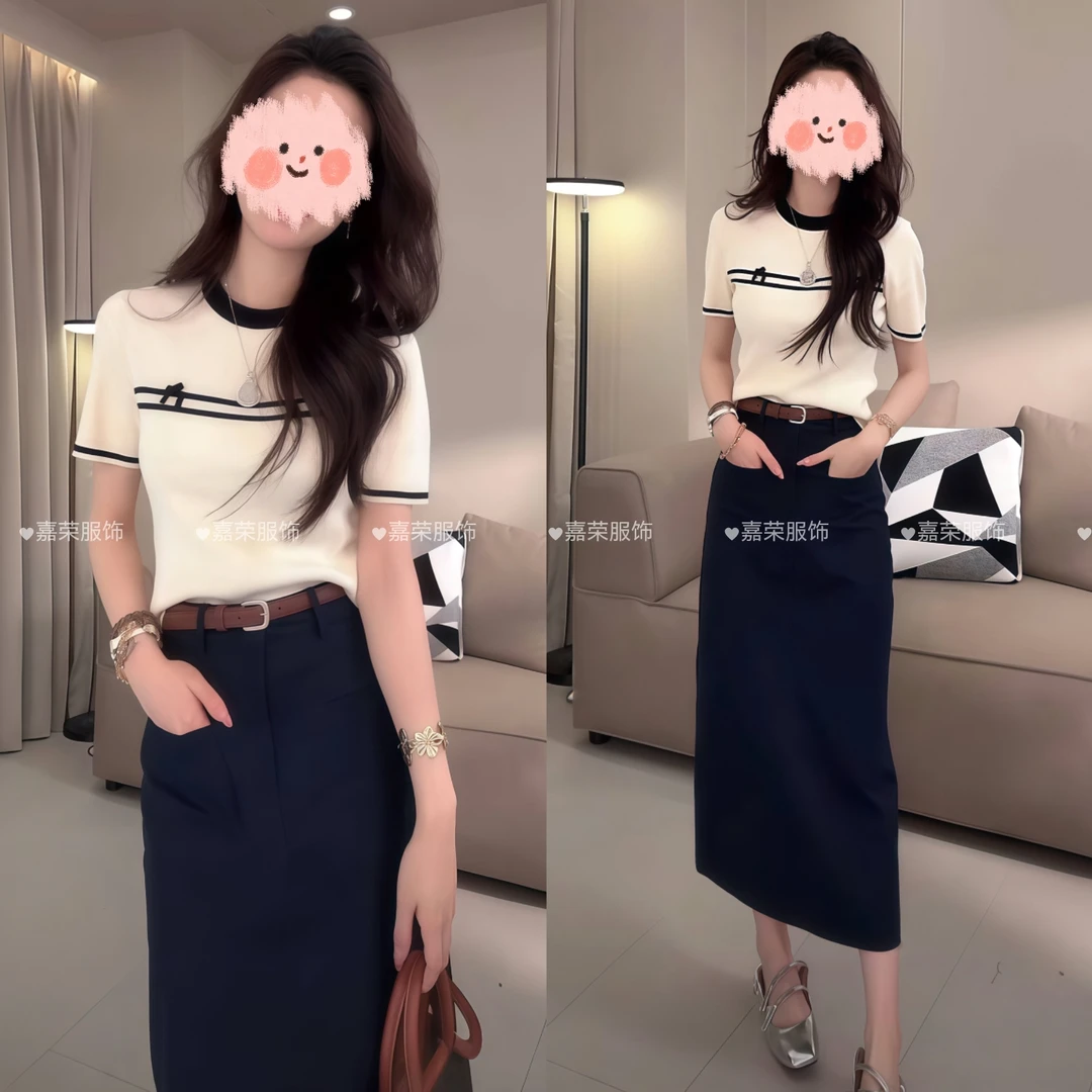 洋气休闲装2025夏季撞色短袖针织上衣T恤百搭半身裙显瘦气质套装