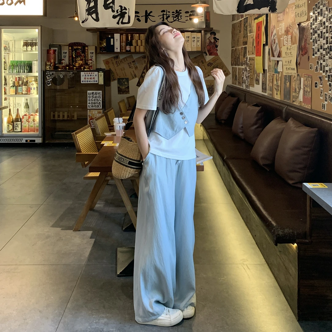 松弛感夏季ootd穿搭一整套女韩系减龄假两件马甲T恤上衣阔腿裤