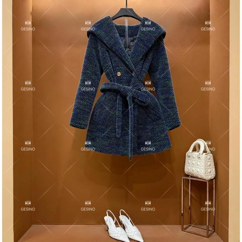 【小露】秋冬气质小香风设计师中长款外套蓝色轻奢百搭QD-2025087