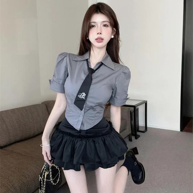 学院风JK制服套装日系甜辣短袖衬衫夏季辣妹性感蛋糕蓬蓬裙两件套