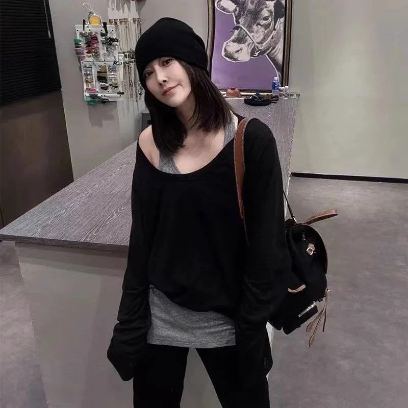 欧洲站2025秋季新款韩版叠穿真两件t恤女时尚洋气宽松套头上衣潮