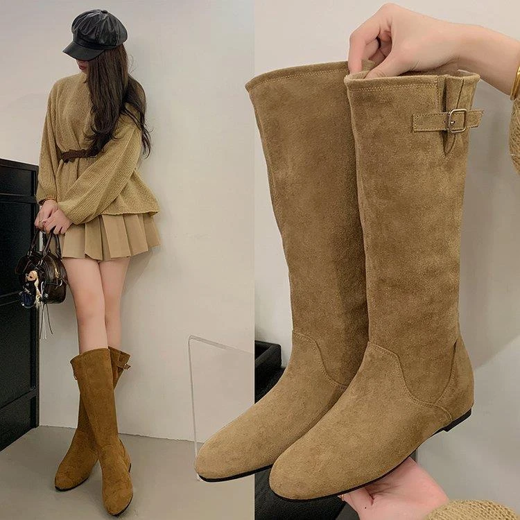 复古西部长筒靴女秋冬新款美拉德高筒骑士靴内增高褶皱堆堆高筒靴