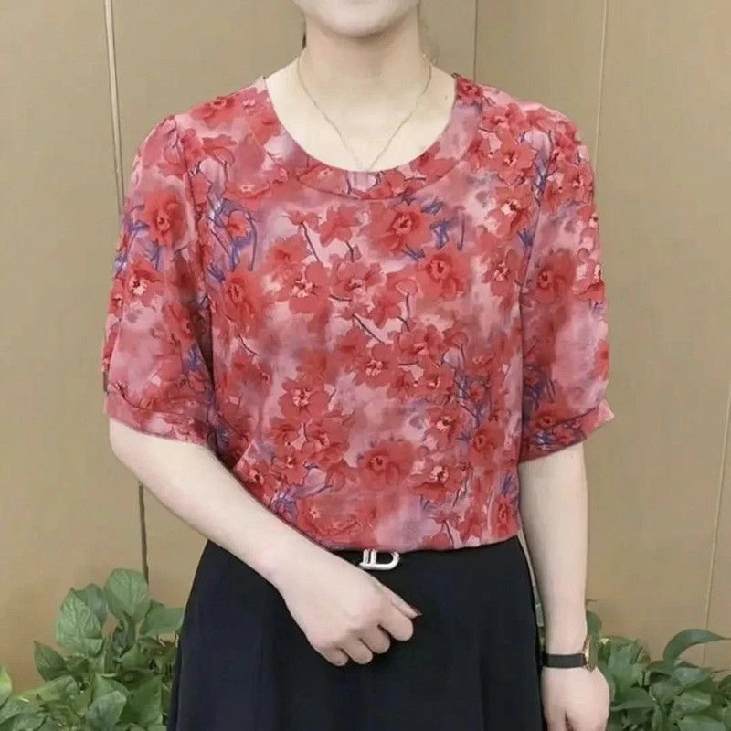 夏天减龄妈妈装胖妈妈宽松型字母圆领印花T恤半袖百搭大码时尚