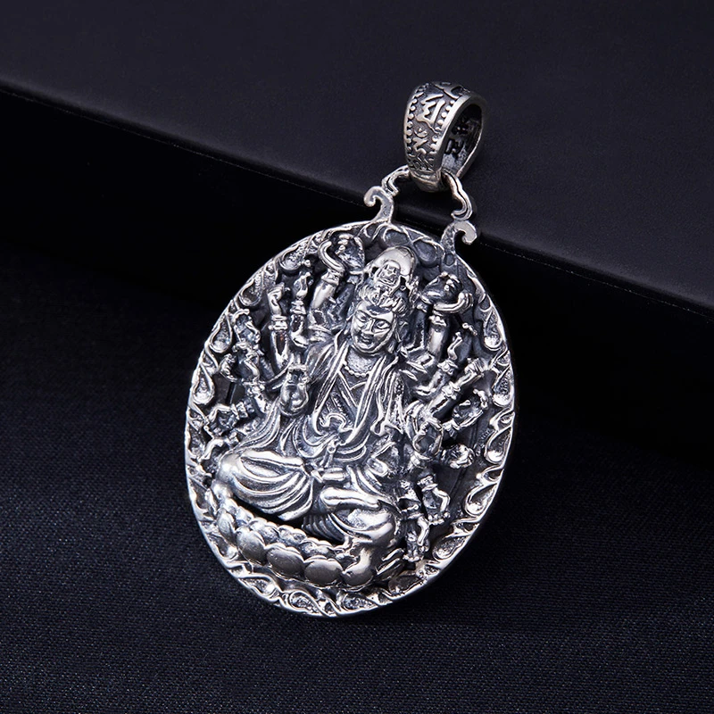 吊坠足银 素款实心雕刻做旧项坠复古千手观音男士国风银吊坠项链