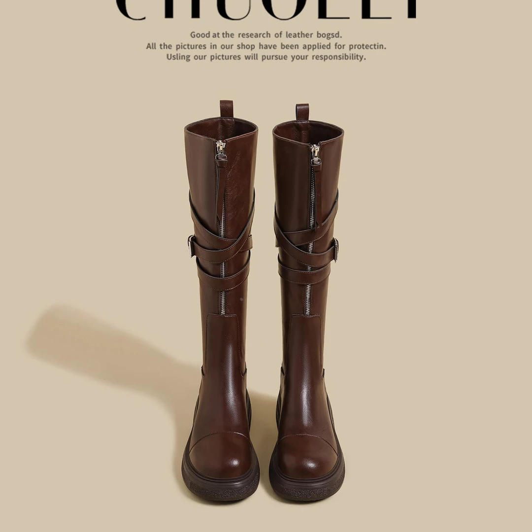 2025秋冬季新款厚底长筒靴女棕色拉链皮带扣瘦瘦靴不过膝骑士长靴