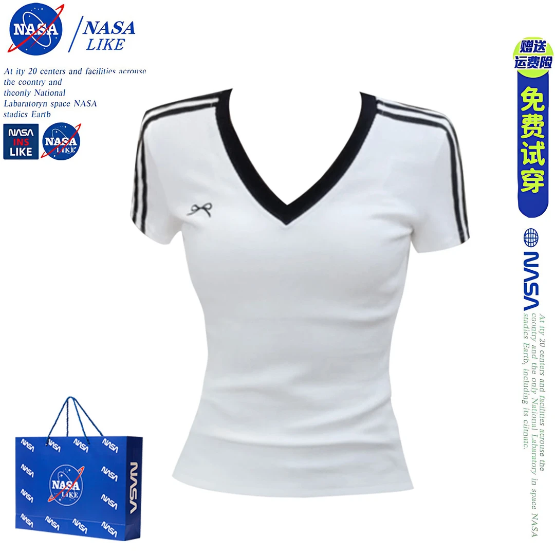 NASA美式甜辣风撞色V领蝴蝶结短袖T恤女夏季时尚显瘦正肩短款上衣