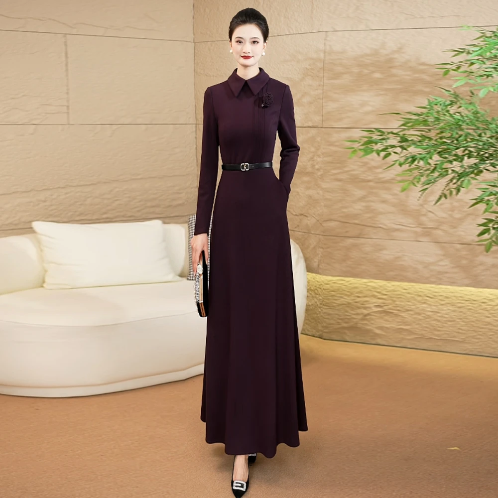 酒红色修身气质连衣裙2025秋冬新款加厚显瘦轻奢高级感优雅长裙62