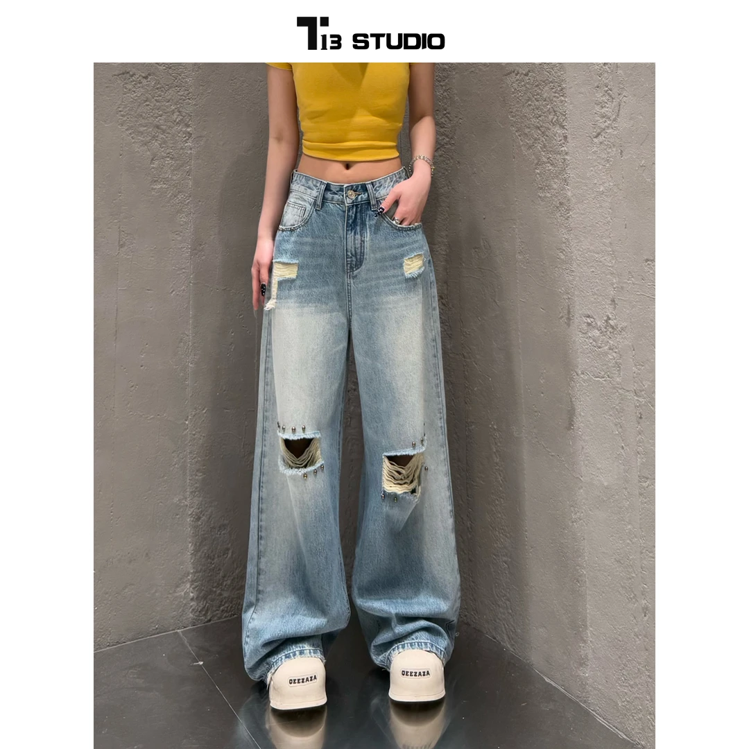 T13妮妮【33022】铆钉破洞设计2025夏季新款牛仔裤