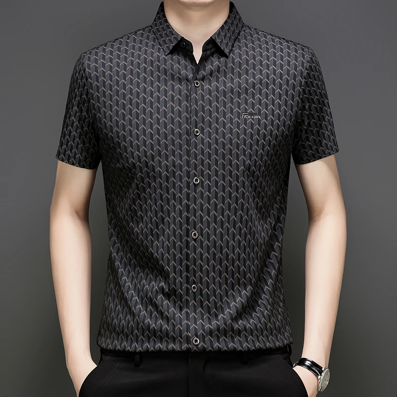 夏季男士新款高档无痕冰丝短袖衬衫商务休闲薄款印花翻领衬衣男