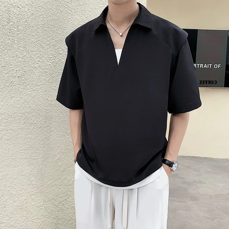 男士薄款上衣男装V领T恤宽松短袖插肩袖翻领百搭夏季
