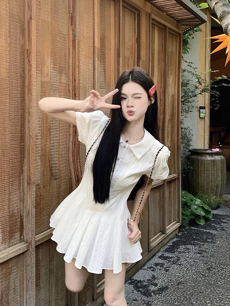 大码胖mm 学院风白色泡泡袖衬衫连衣裙夏季法式气质收腰甜美短裙