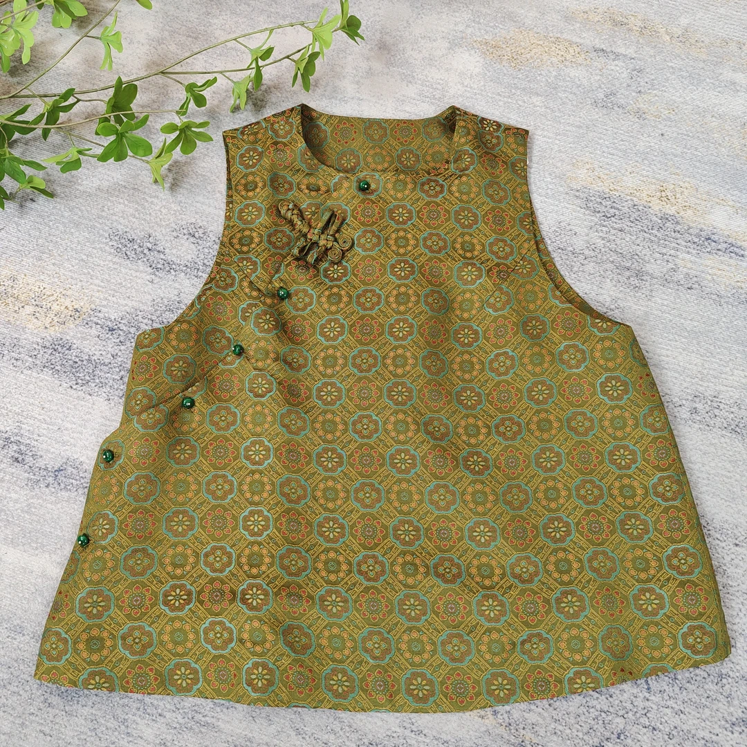 香云纱100桑蚕丝宋锦手工盘扣国风马甲绿色