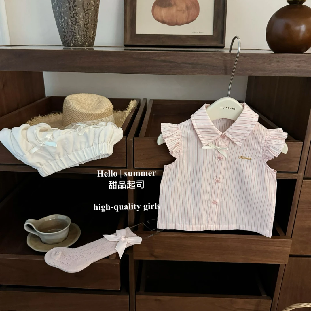 【甜品起司】甜妹！韩国童装女宝宝学院风娃娃粉衬衫花苞裤洋气套装