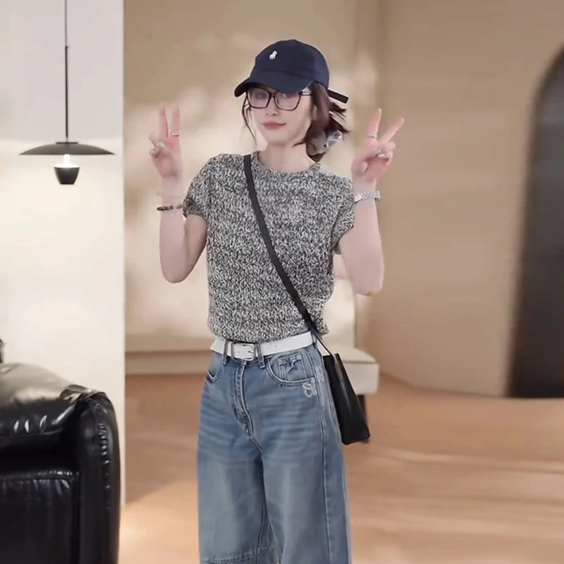 百搭时尚简约显瘦短袖圆领针织衫女2025春夏季新款休闲通勤上衣潮