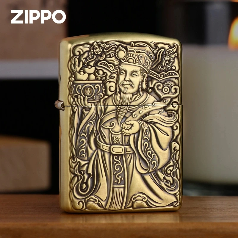 ZIPPO打火机正品/黄铜盔甲财神双面雕刻木盒装新年礼DYJ1
