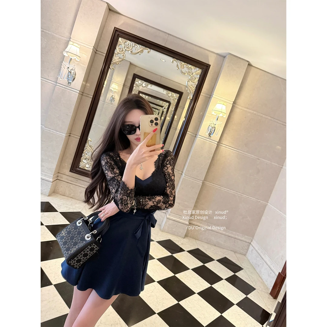 杜总家 华尔兹晚宴*原创气质古早风镂空蕾丝伞摆系带收腰女连衣裙