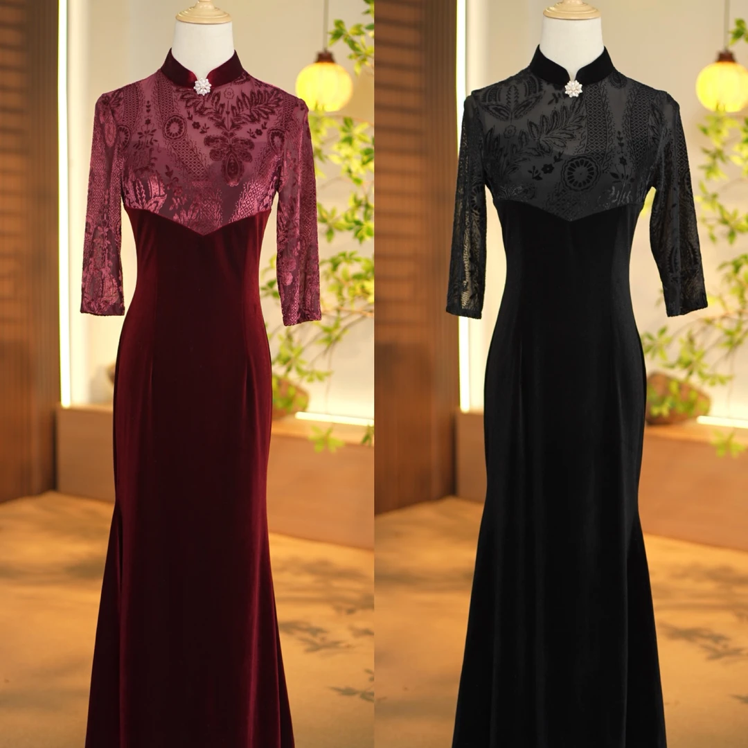 【心懂旗袍】纯色鱼尾不开叉拼接显瘦宴会喜庆旗袍