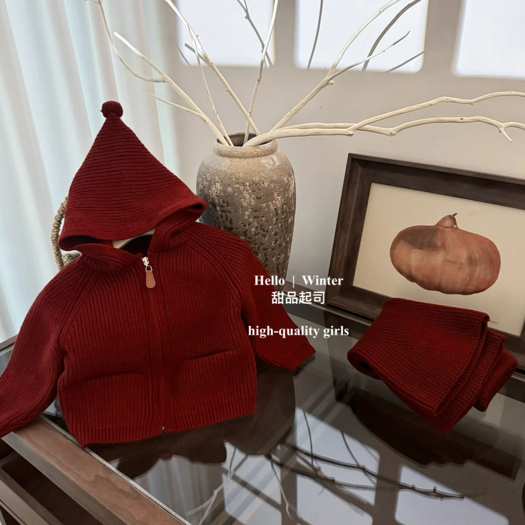 【甜品起司】精灵帽！女宝宝针织拉链开衫连圣诞新年红阔腿裤2724