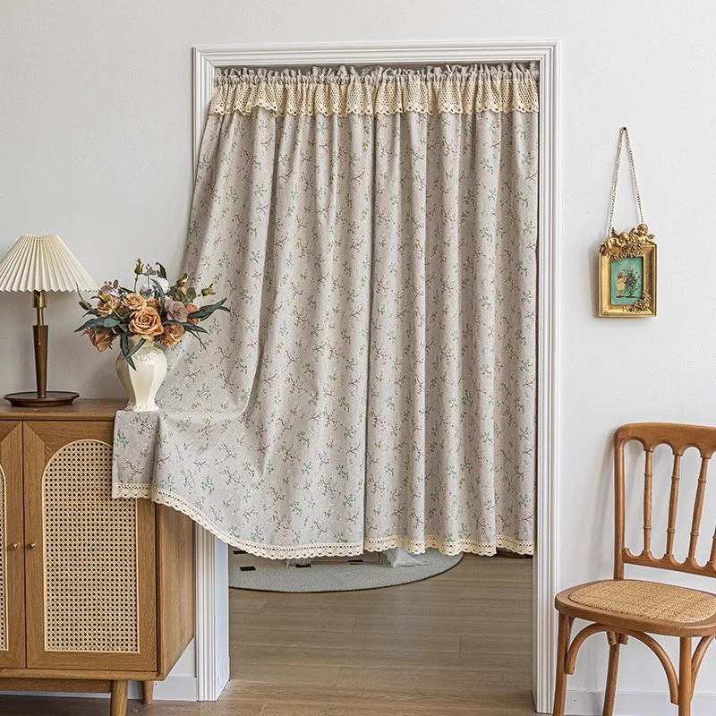 隔断帘半帘棉麻亚麻色美式田园免打孔门帘布艺卧室隐私遮挡帘厨房