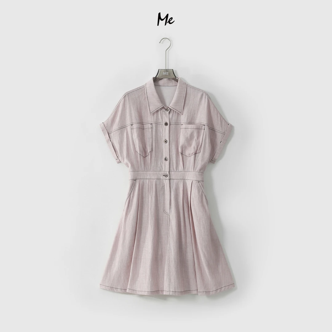 ME【粉调衬衫裙】亚麻混纺人字纹减龄收腰显瘦时尚休闲裙子MESS4562