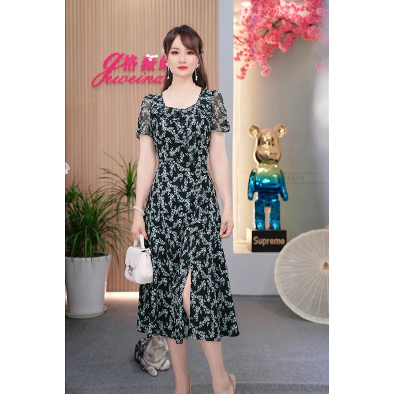 蓝花轻奢斜裁时尚法式开叉夏中长连衣裙方领真丝包边气质修身显瘦