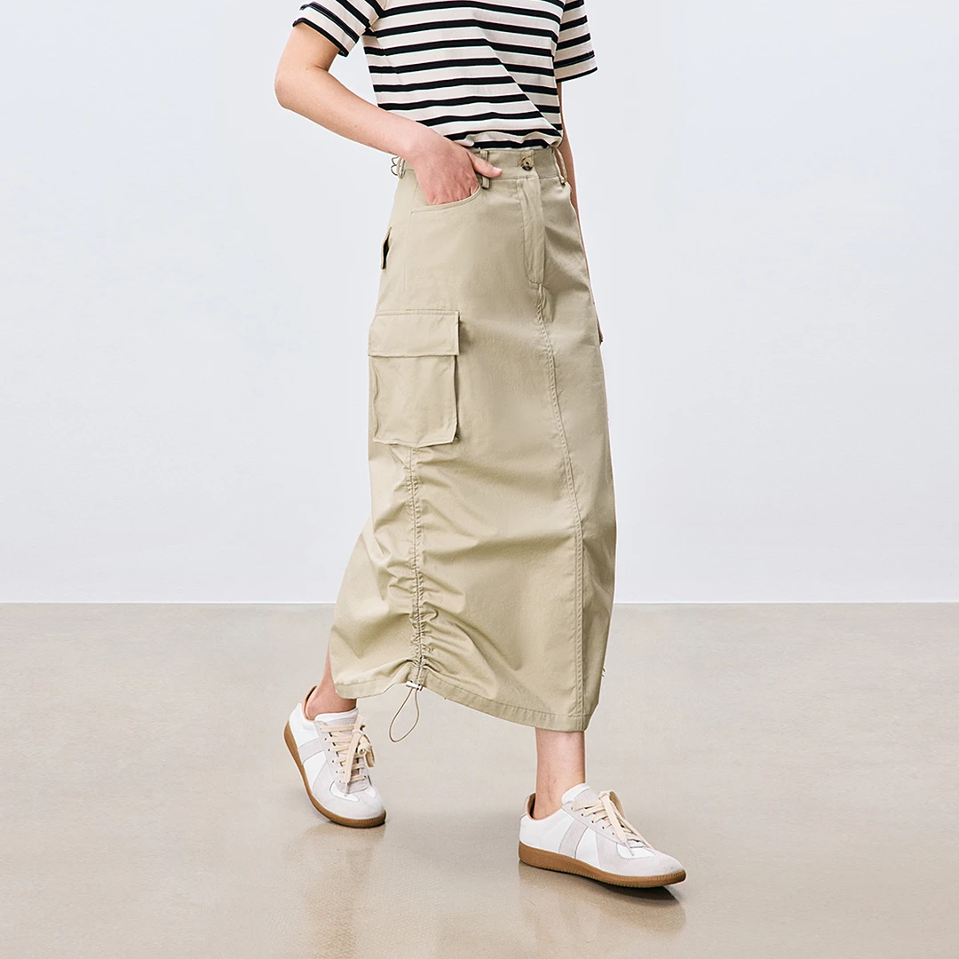 鲸乎夏季新款美式工装半身裙女通勤高腰显瘦纯棉开叉直筒半裙