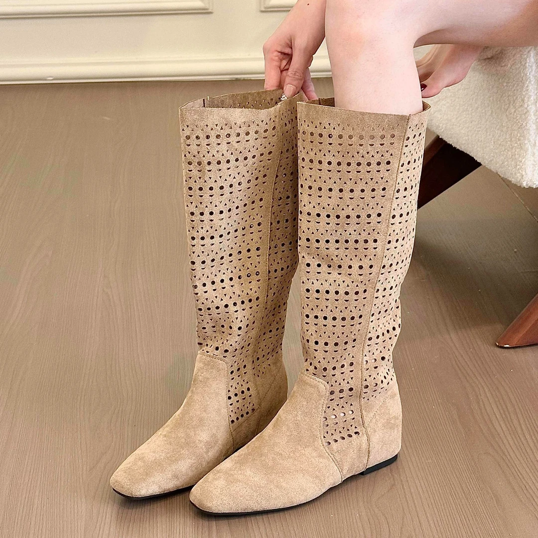 QR-A80-345时髦又复古！绒面镂空内增高骑士靴女秋冬大筒围长筒靴