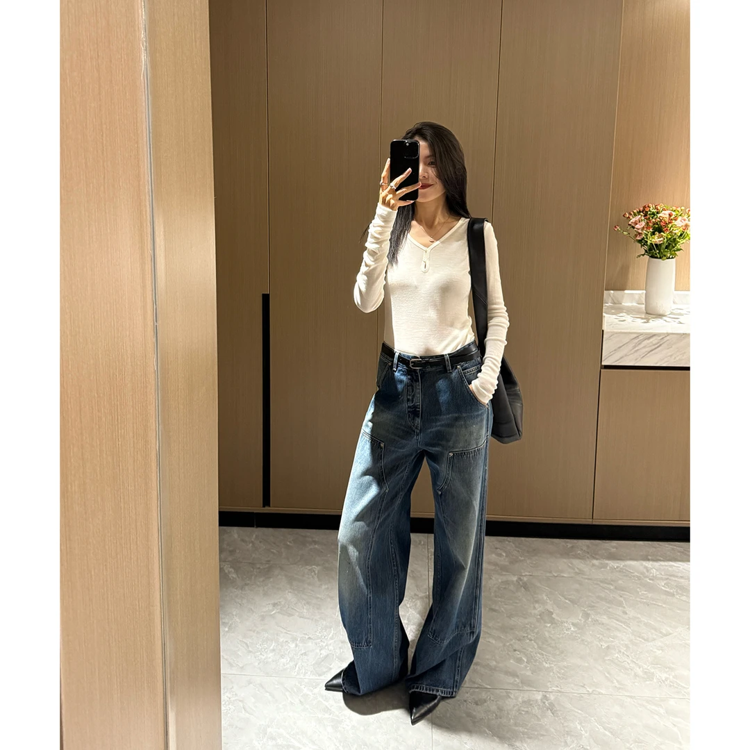 100%棉无弹小众高级拖地宽松工装直筒牛仔裤女秋显瘦复古蓝阔腿裤