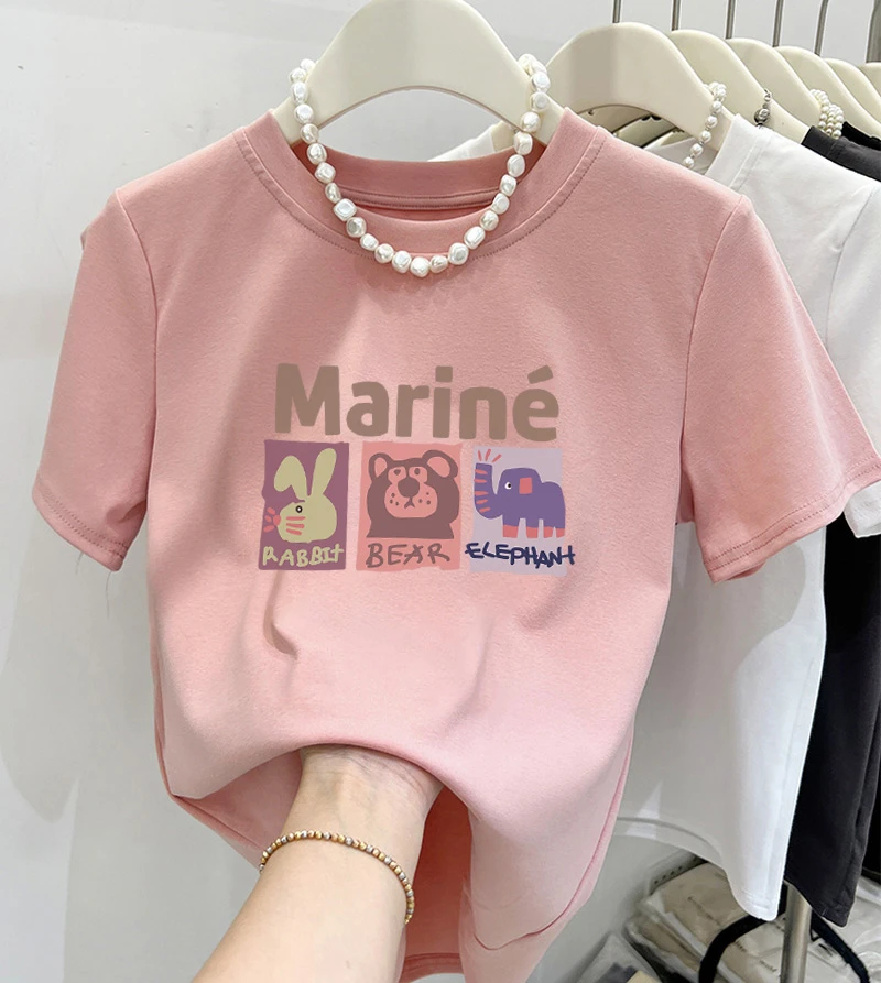 正肩圆领卡通短袖t恤女2025夏季新款时尚百搭洋气内搭打底衫上衣