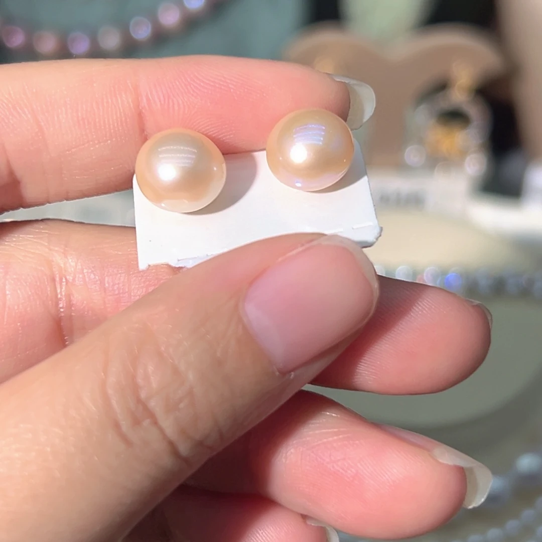 淡水珍珠银S925镶嵌9.5到10馒头形珍珠耳环微瑕