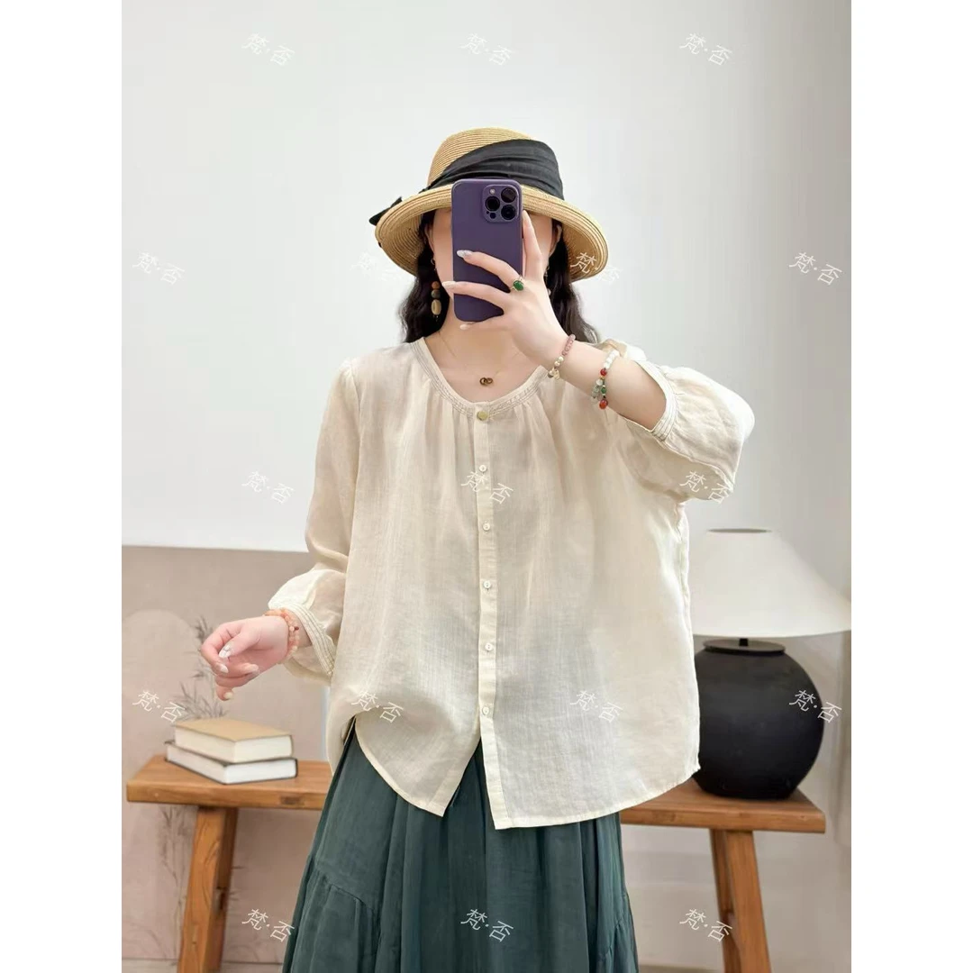 【梵·否】10133新款高端麻料时尚减龄圆领显瘦宽松女上衣