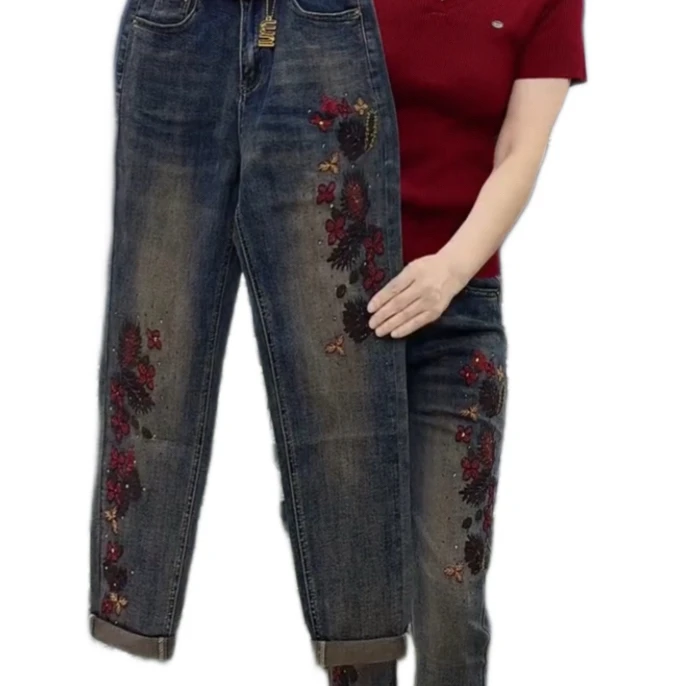 5315款秋季刺绣牛仔弹力老爹裤