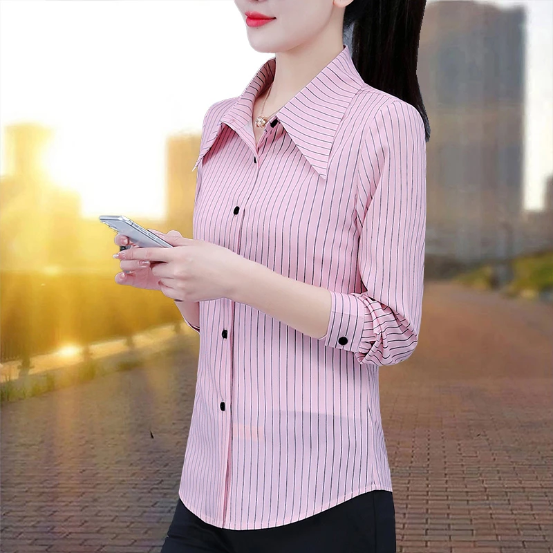 条纹厚款长袖春秋女纯棉宽松衬衫百搭女装衬衣大码春夏衬衫