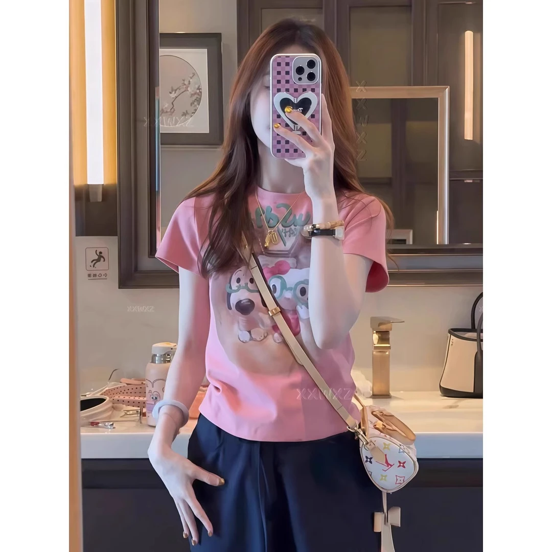 芊芊芙韩国东大门夏季时尚减龄设计感可爱短袖kitty印花减龄T恤衫