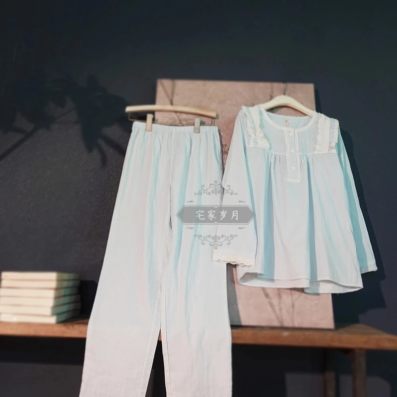 套装薄款花边甜美温馨睡衣蕾丝休闲春秋宽松秋季长裤家居服中国风