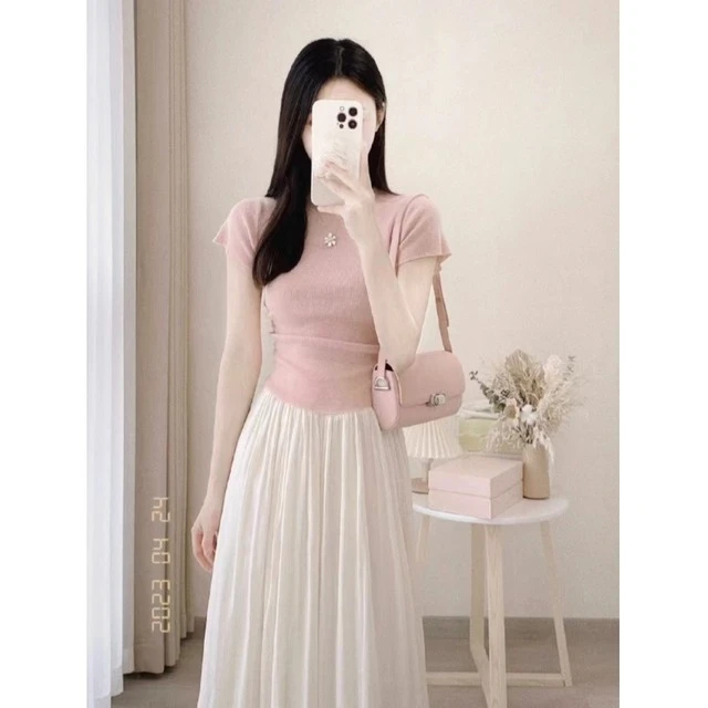 夏季小个子盐系穿搭粉色短袖上衣半身裙气质轻熟小香风两件套装女