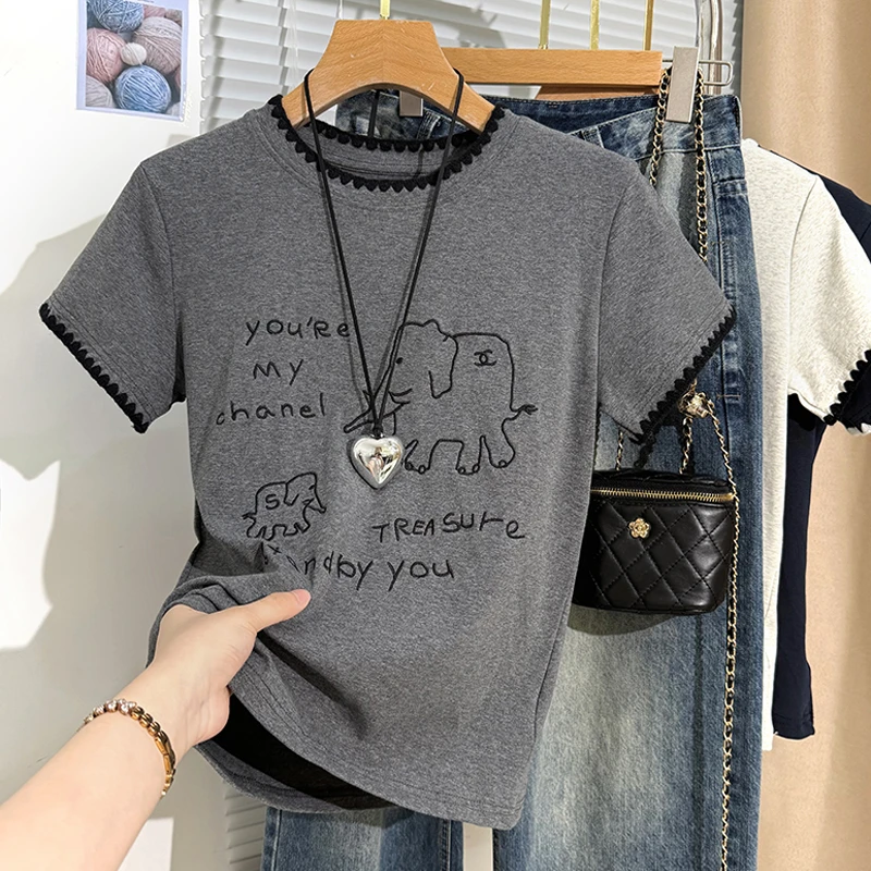 重工手工钩花短袖t恤女夏季简笔小象刺绣体恤洋气正肩上衣服