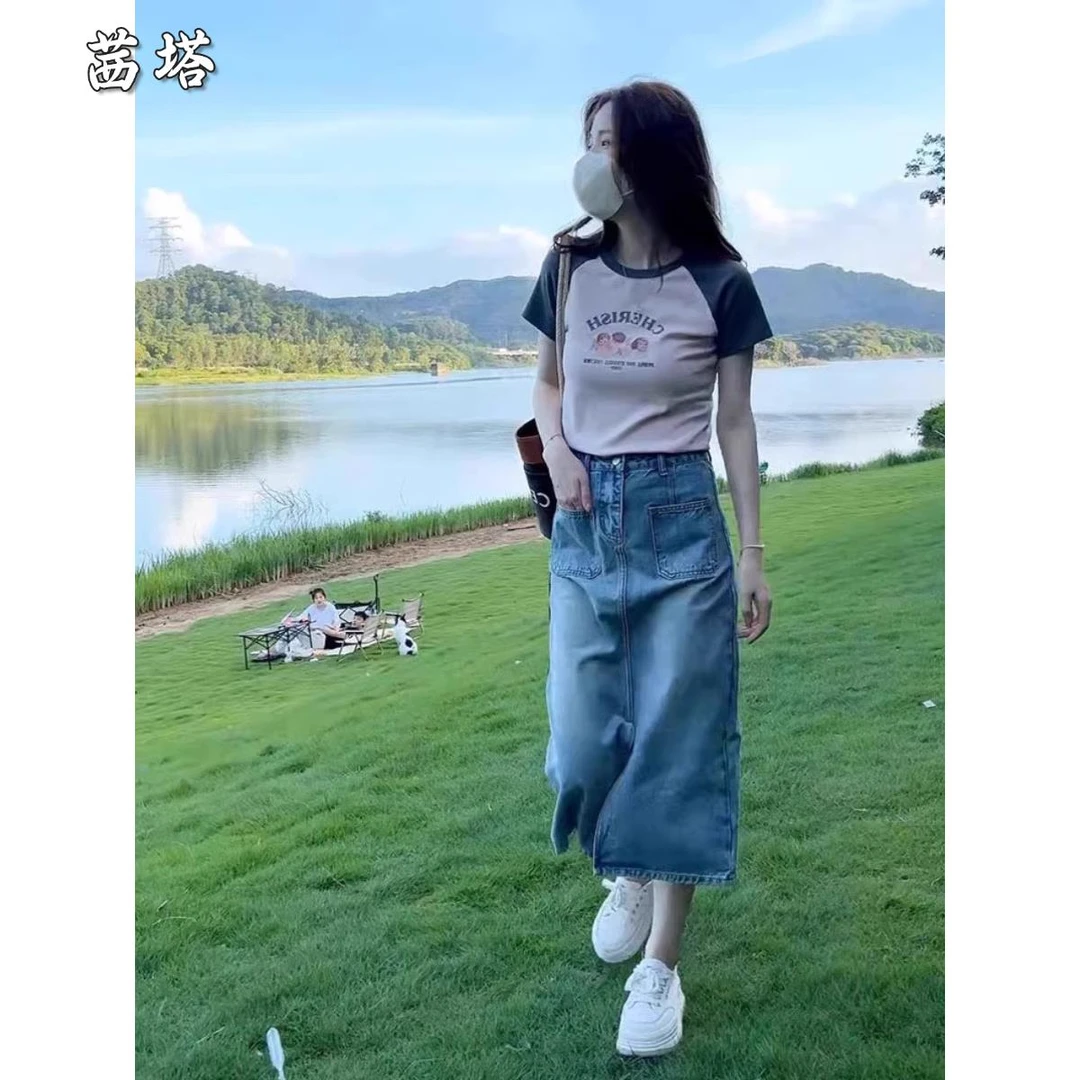 夏装搭配一整套小个子高级感短袖t恤上衣搭配牛仔半身裙两件套装