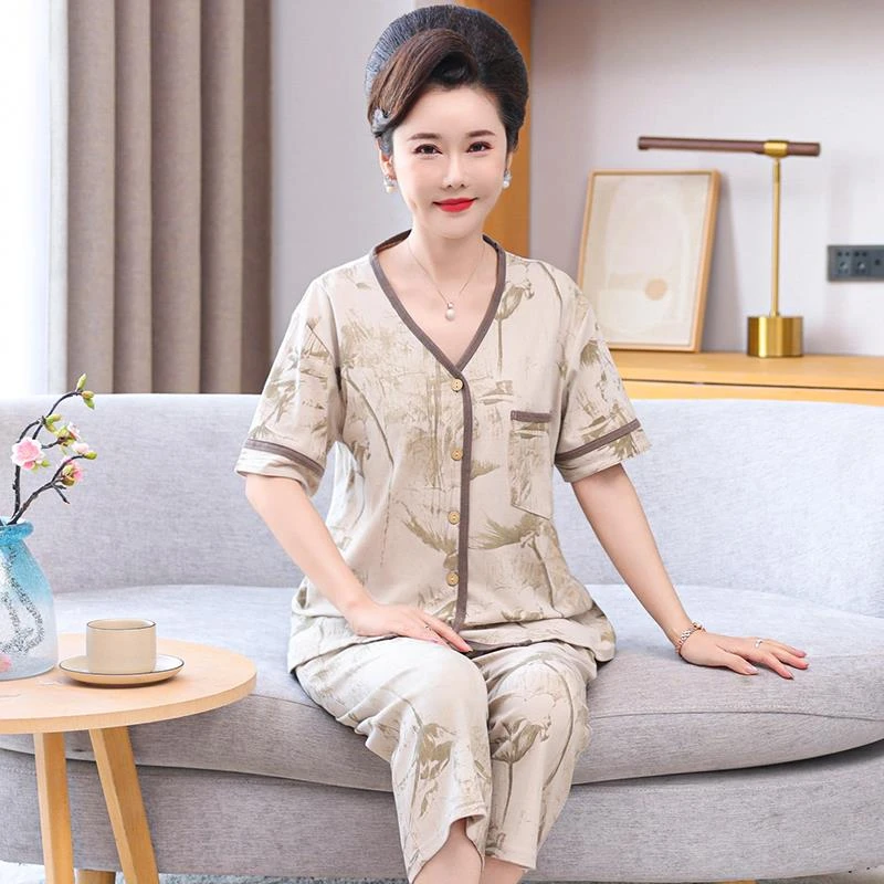 FAVMARTHA中老年妈妈纯棉睡衣女夏季薄款开衫短袖九分裤两件套家