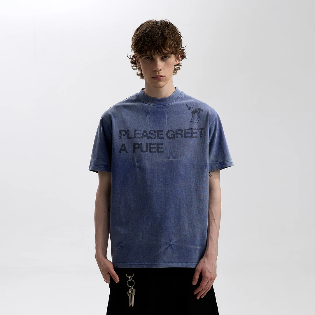 A PUEE美式复古vintage水洗做旧标语短袖T恤潮boxy版型正肩上衣夏