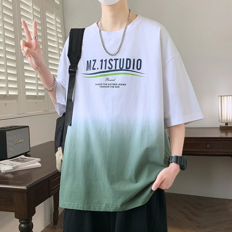 夏季青少年学生短袖T恤渐变扎染百搭男士韩版ins宽松潮流印花半袖