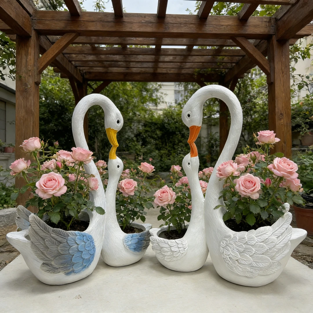 精致可爱蓝色渐变翅膀双头母子天鹅花盆庭院花园阳台养殖装饰花盆