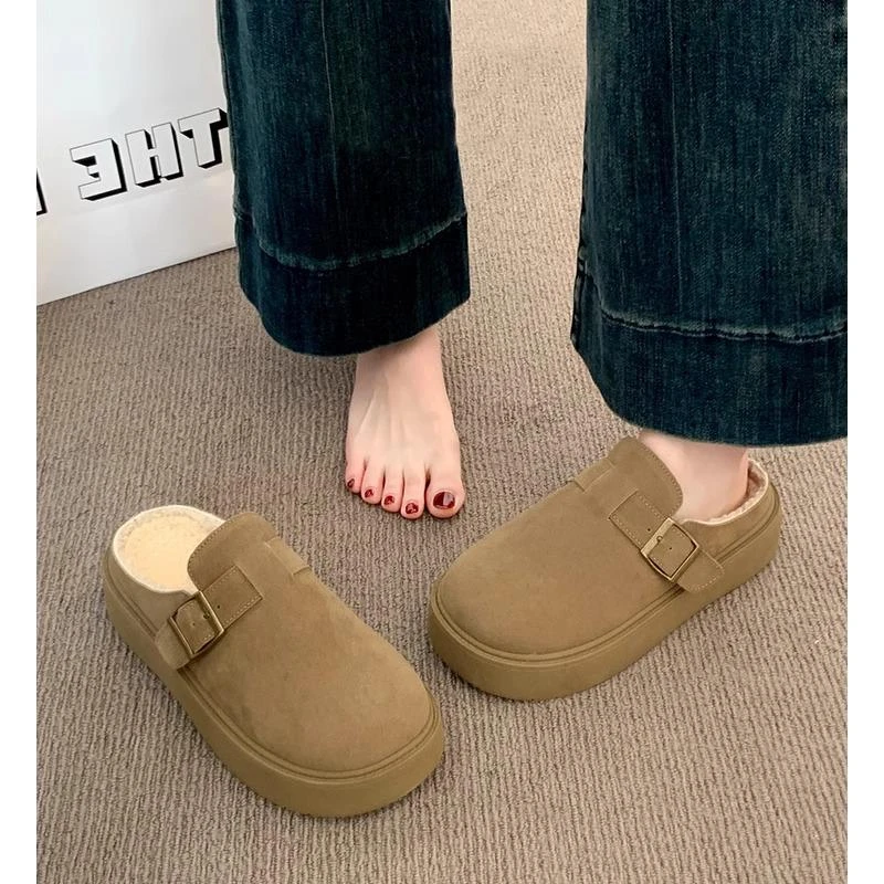 厚底勃肯鞋女外穿2024新款秋冬一脚蹬包头半拖雪地靴加绒毛毛棉拖